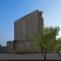 Modern High Rise Chinese Hospital Building With Urban Facade And Red Cross