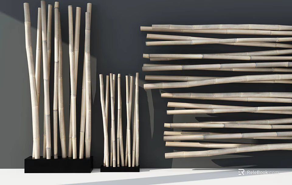 Natural Bamboo Sticks Decorative Ornament Set with Black Bases Arranged for Wall Decoration 3d model 