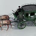 Vintage Green Horse-Drawn Carriage with Wooden Windows Pulled by Two Horses and Driver