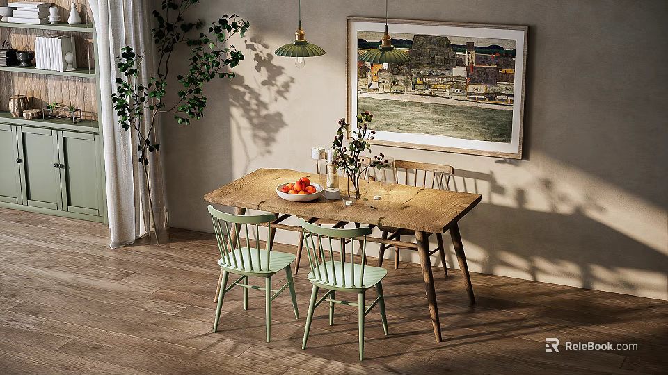 Wooden Dining Table Set With Light Green Chairs Bowl Of Fruits Vase And Pendant Light 3d model 