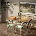 Wooden Dining Table Set With Light Green Chairs Bowl Of Fruits Vase And Pendant Light