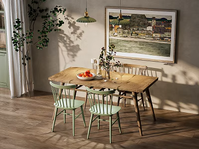Wooden Dining Table Set With Light Green Chairs Bowl Of Fruits Vase And Pendant Light 3d model