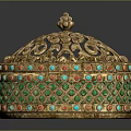 Golden Decorative Container With Intricate Openwork Carvings Green Red Gemstone Inlays And Small Top Ornament