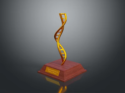 Golden DNA Double Helix Decorative Ornament With Wooden Base And Nameplate For Home Decor 3d model