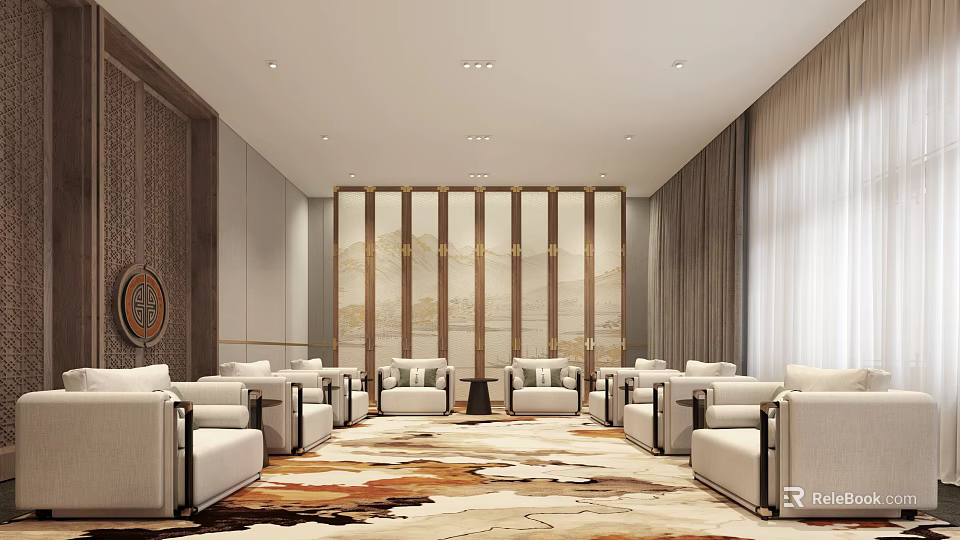 Elegant Clubhouse Lounge With White Sofas Patterned Carpet Vertical Panel Wall And Ceiling Lighting 3d model