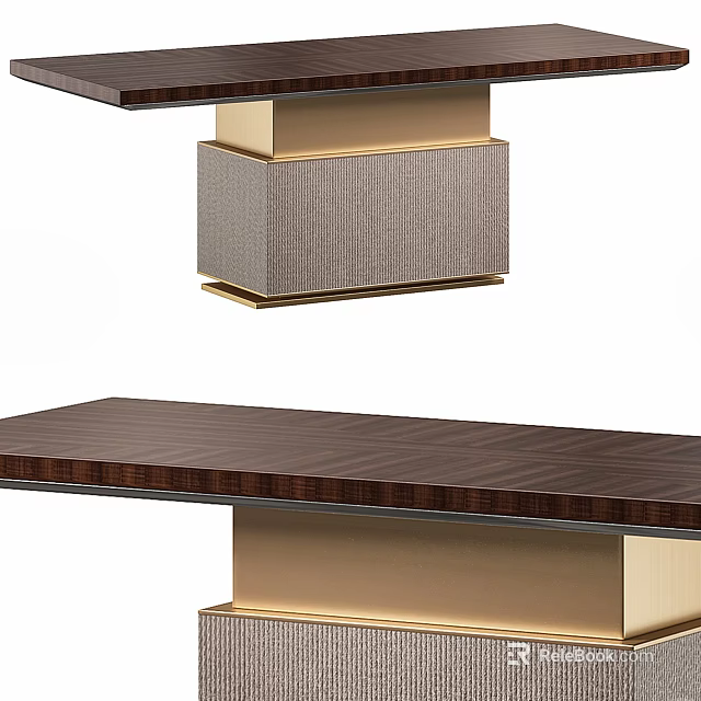 Modern Two Tier Table Design With Walnut Wood Top And Gold Metal Base 3d model 