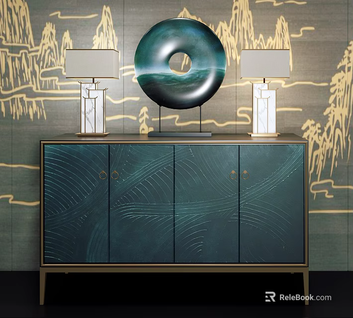 Elegant Green Textured Console Cabinet With Round Decor And Table Lamps 3d model 