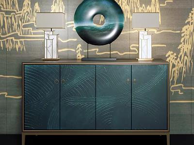 Elegant Green Textured Console Cabinet With Round Decor And Table Lamps 3d model
