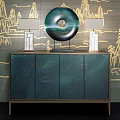 Elegant Green Textured Console Cabinet With Round Decor And Table Lamps 3d model