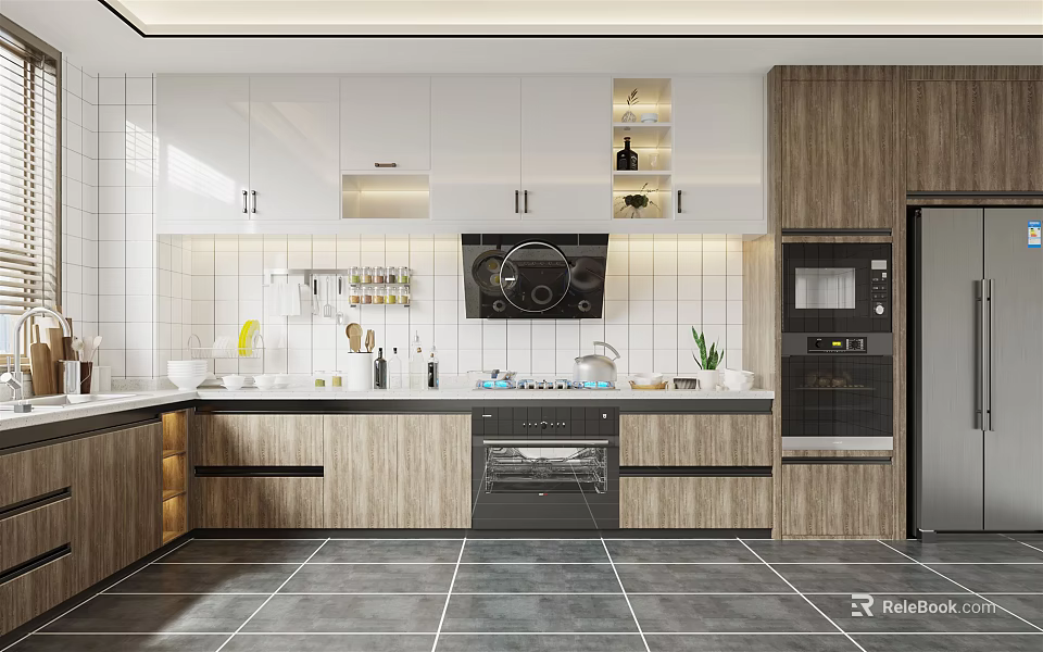 Modern Kitchen Interior Design With White Cabinets Wooden Elements Tile Backsplash And Black Range Hood 3d model 