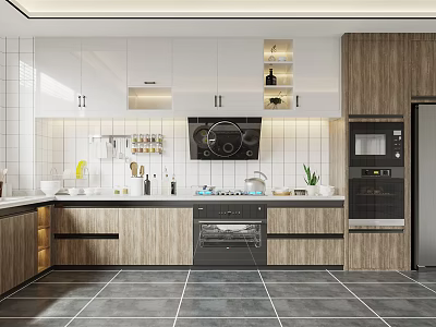 Modern Kitchen Interior Design With White Cabinets Wooden Elements Tile Backsplash And Black Range Hood 3d model