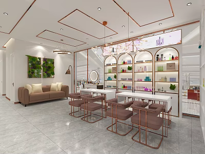 Modern Beauty Salon Interior With Styling Chairs Mirror Sofa And Product Shelves 3d model