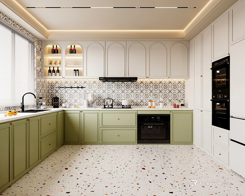 Modern Kitchen Interior With Green And White Cabinets Patterned Tile Backsplash Black Appliances 3d model
