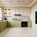 Modern Kitchen Interior With Green And White Cabinets Patterned Tile Backsplash Black Appliances 3d model