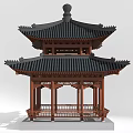Traditional Chinese Pavilion With Two Story Roof Black Tiles Wooden Structure And Benches