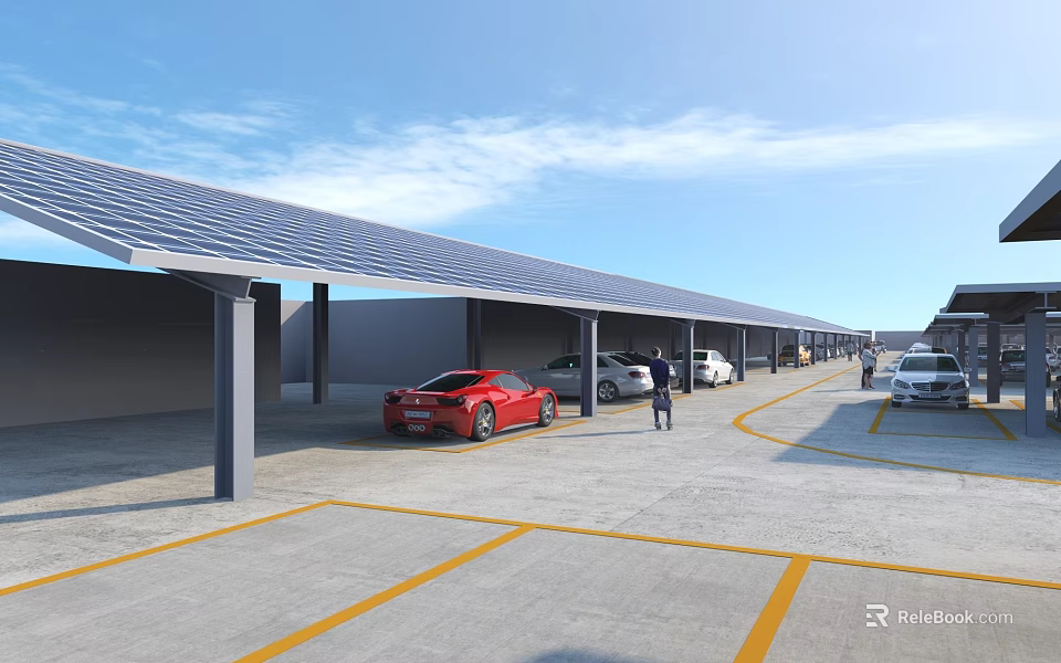 Solar Panel Covered Modern Parking Lot With Parked Cars Yellow Lines And People 3d model 