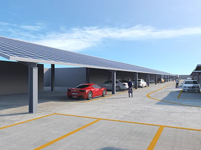 Solar Panel Covered Modern Parking Lot With Parked Cars Yellow Lines And People 3d model