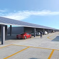 Solar Panel Covered Modern Parking Lot With Parked Cars Yellow Lines And People