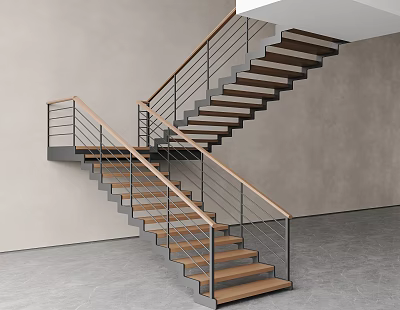 Modern Double Flight Staircase Design With Wooden Steps Metal Railings Gray Walls And Gray Floor 3d model