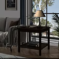 Walnut Wood Side Table With Lamp Vase Decorative Box Books Alarm Clock Next To Sofa
