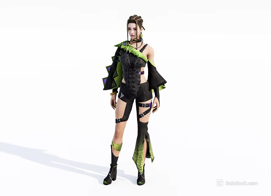 Game And Movie Character In Black Green Strappy Asymmetrical Outfit With Short Hairstyle 3d model 