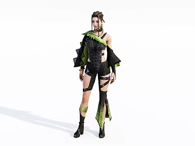 Game And Movie Character In Black Green Strappy Asymmetrical Outfit With Short Hairstyle 3d model