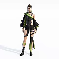 Game And Movie Character In Black Green Strappy Asymmetrical Outfit With Short Hairstyle