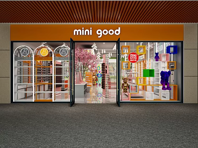 Mini Good Specialty Store With Orange Signage Glass Doors Cherry Blossom Decor And Toy Displays 3d model