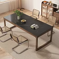 Modern Dining Table Set With Wooden Top Metal Frame Chairs And Potted Plant Decor