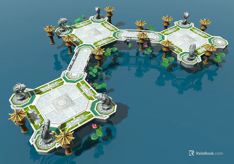 Cartoon Style Water Platforms With Hexagonal Structures Umbrella Decorations Statues And Green Plants 3d model 