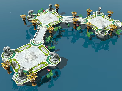 Cartoon Style Water Platforms With Hexagonal Structures Umbrella Decorations Statues And Green Plants 3d model