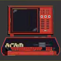 Retro Red Computer Desktop With ARAM Console Monitor And Keyboard