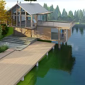 Modern Waterfront Guesthouse With Wooden Structure Glass Windows Balcony And Green Lawn