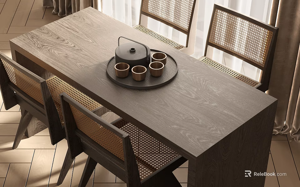 Wooden Dining Table Set With Rattan Back Chairs And Tea Set Tray 3d model 