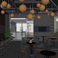 Modern Café Interior With Golden Pendant Lights Dark Walls And Wooden Furniture