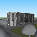 Modern Glass Facade Office Building With Green Lawn And Blue Sky Clouds