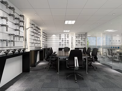 Modern Conference Room Interior With Long Meeting Table Black Office Chairs And White Shelves 3d model
