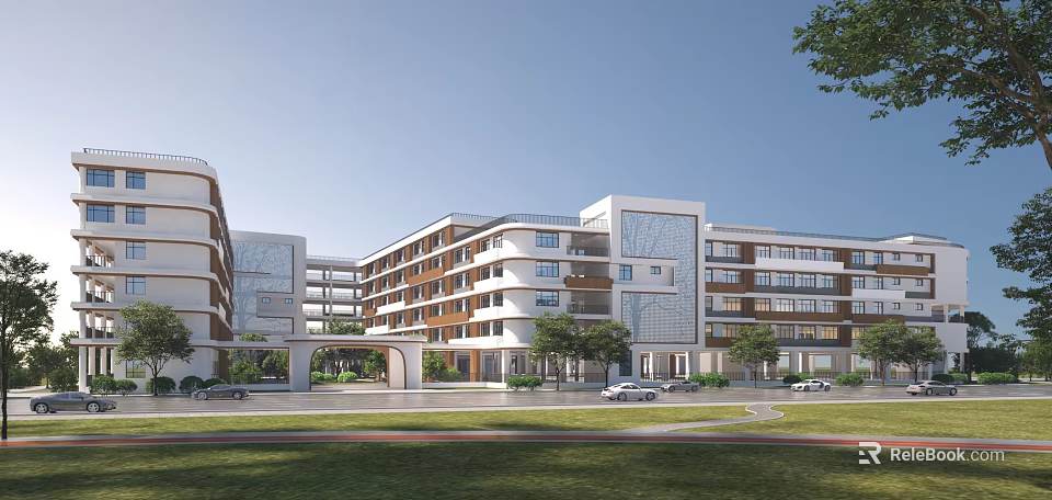 Modern School Building Architectural Design With Green Lawn Trees And Roads 3d model 