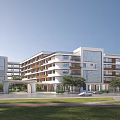 Modern School Building Architectural Design With Green Lawn Trees And Roads