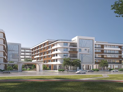 Modern School Building Architectural Design With Green Lawn Trees And Roads 3d model