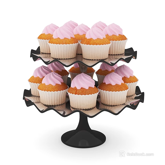 Freshly Baked Delicious Cupcakes with Pink Frosting on Three Tiered Black Cupcake Stand 3d model 