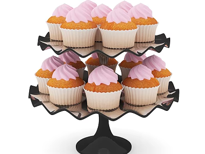 Freshly Baked Delicious Cupcakes with Pink Frosting on Three Tiered Black Cupcake Stand 3d model