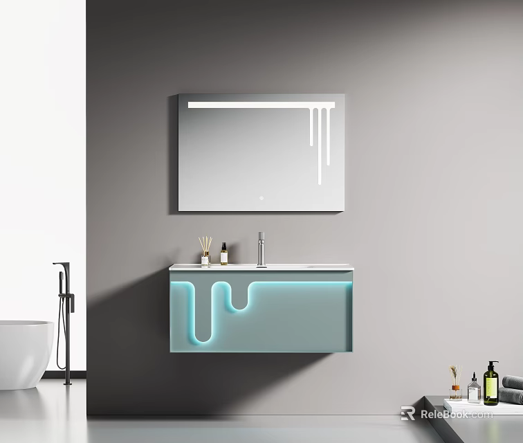 Modern Bathroom Vanity Cabinet With Lighted Mirror Glowing Blue And Faucet 3d model 