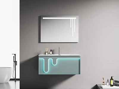 Modern Bathroom Vanity Cabinet With Lighted Mirror Glowing Blue And Faucet 3d model