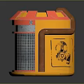 Red And Orange Cylindrical Industrial Equipment With Metal Mesh And Copper Components