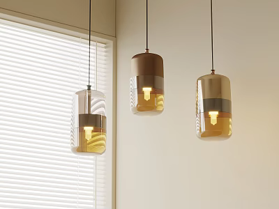 Three Modern Pendant Lights With Transparent And Brown Shades Near White Window Blinds 3d model