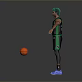 Man with green hair in Celtics number 36 jersey standing by basketball on gray background