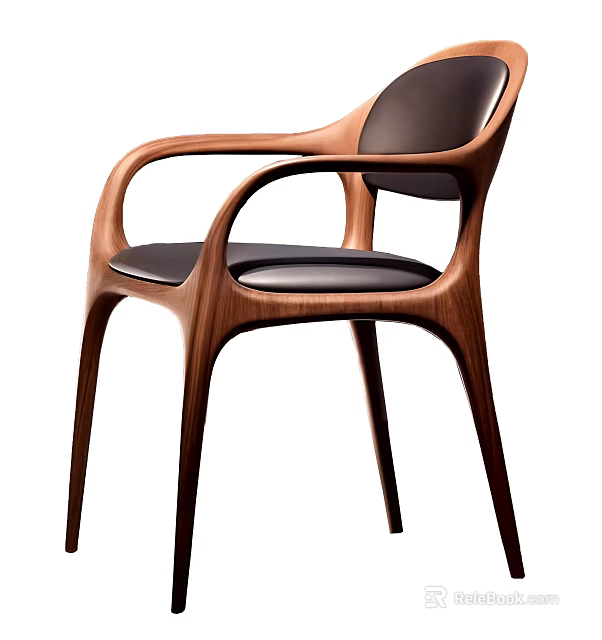Modern Wooden Dining Chair With Black Leather Seat And Curved Armrests 3d model 