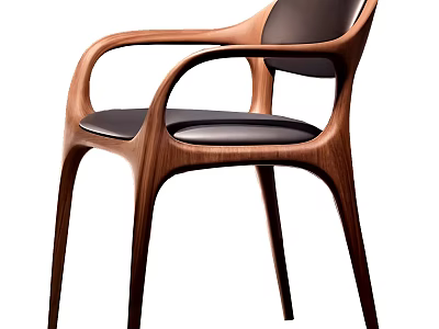 Modern Wooden Dining Chair With Black Leather Seat And Curved Armrests 3d model