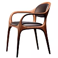 Modern Wooden Dining Chair With Black Leather Seat And Curved Armrests